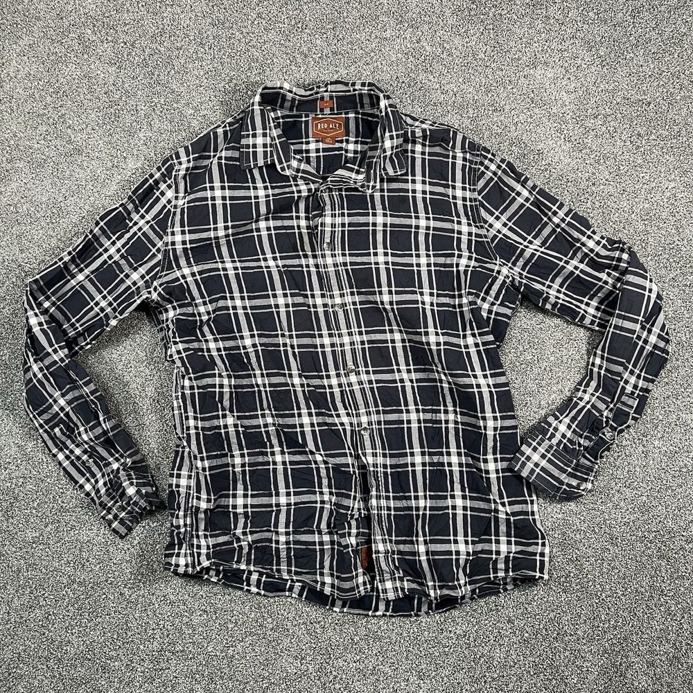 Red Ale Alesbury Mens XL Tall Slim Plaid Button Up Shirt Black White Long Sleeve